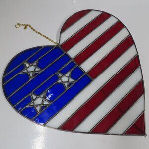 Stained glass Heart shaped Window hanging Red White Blue Patriotic large